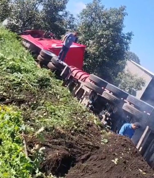 Vuelca tráiler en la "Curva del Diablo", carretera Uruapan-Paracho