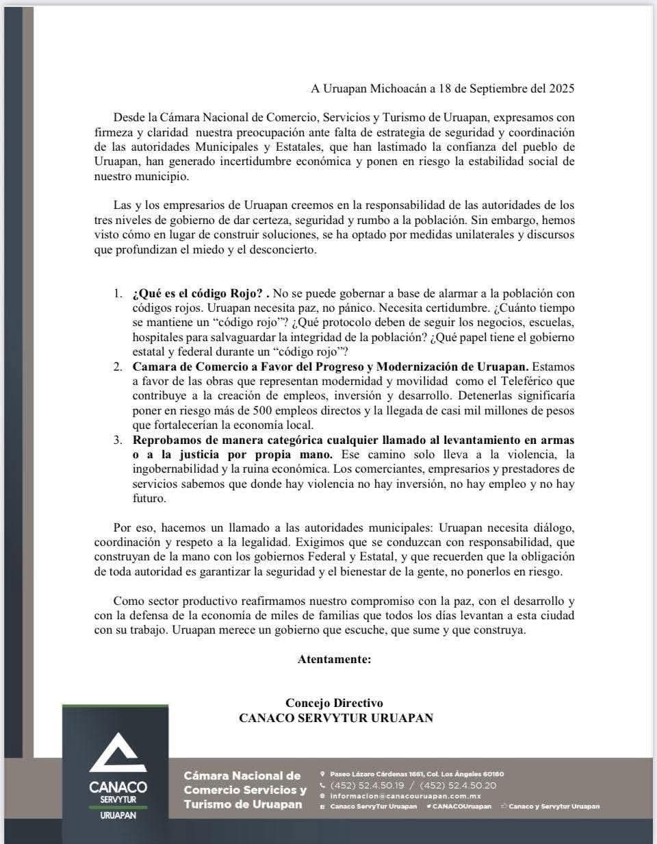 Exigen empresarios de Uruapan al presidente Carlos Manzo actuar con responsabilidad y legalidad