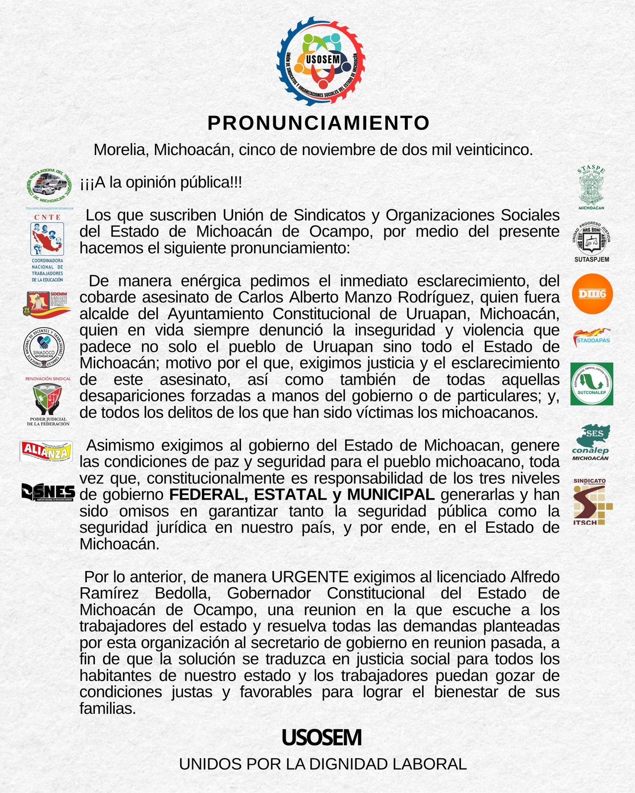 Exigen más de 40 sindicatos de Michoacán a la Federación, Estado y Municipios, condiciones de Paz y de Seguridad para todos los ciudadanos